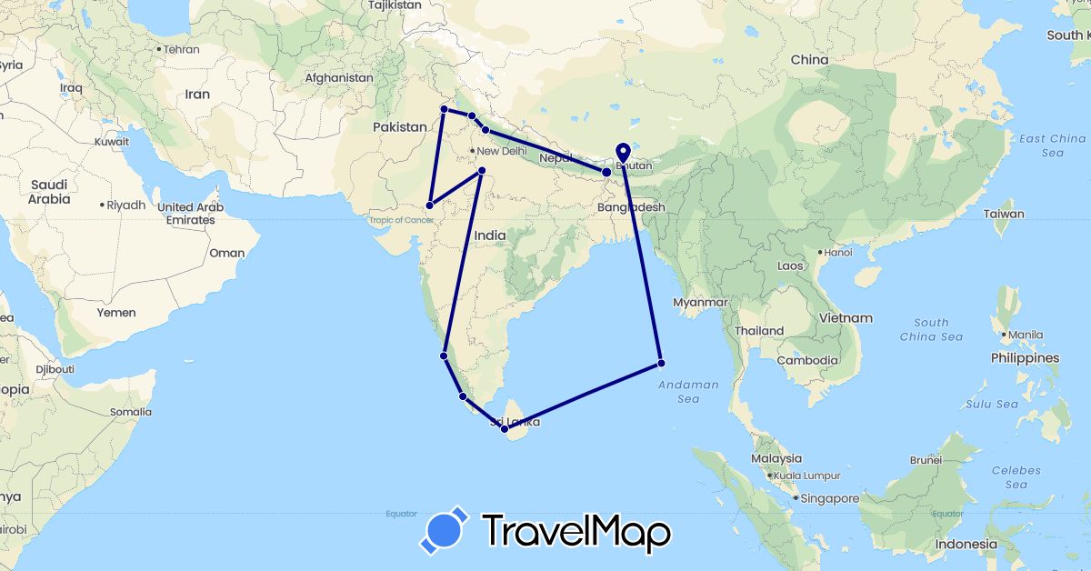 TravelMap itinerary: driving in Bhutan, India, Sri Lanka (Asia)